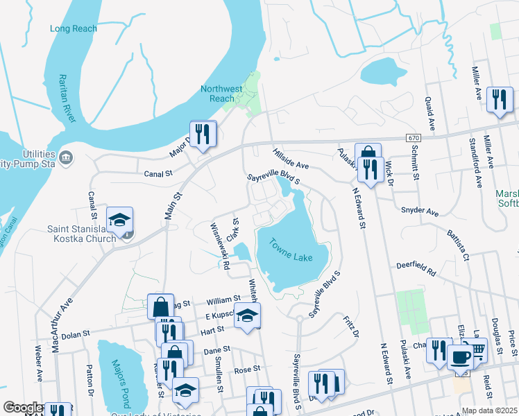 map of restaurants, bars, coffee shops, grocery stores, and more near 100 Baist Drive in Sayreville