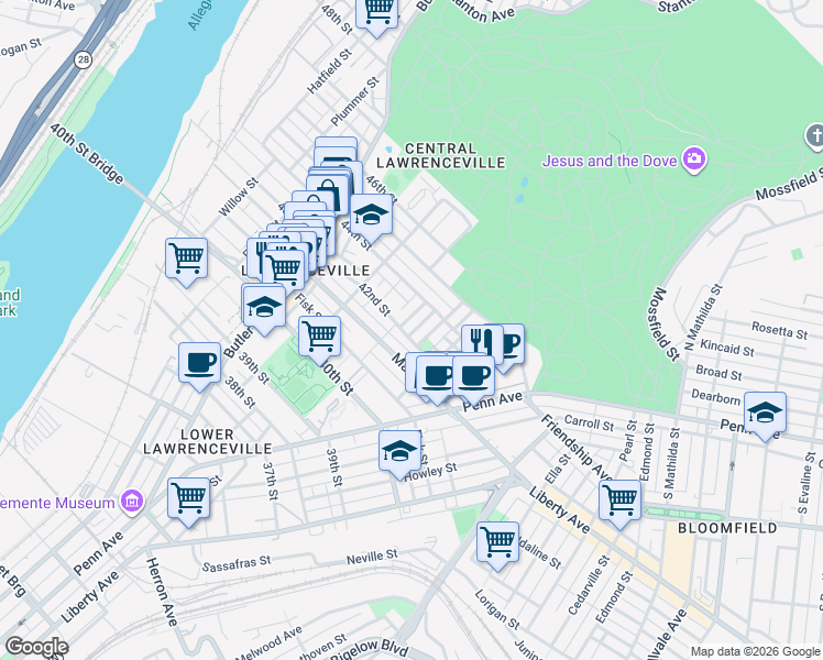 map of restaurants, bars, coffee shops, grocery stores, and more near 343 42nd Street in Pittsburgh