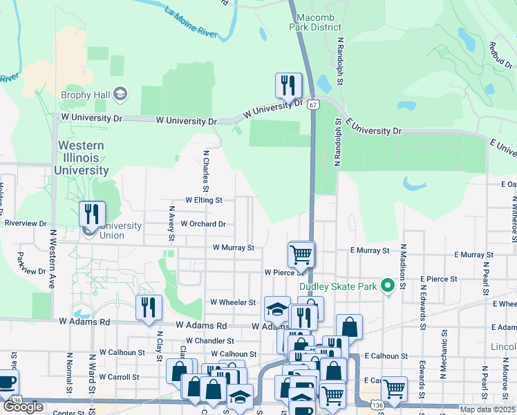 map of restaurants, bars, coffee shops, grocery stores, and more near 231 Chandler Boulevard in Macomb