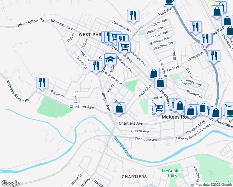 map of restaurants, bars, coffee shops, grocery stores, and more near 213 Wright Street in McKees Rocks
