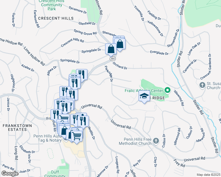 map of restaurants, bars, coffee shops, grocery stores, and more near 12014 Harvard Drive in Pittsburgh