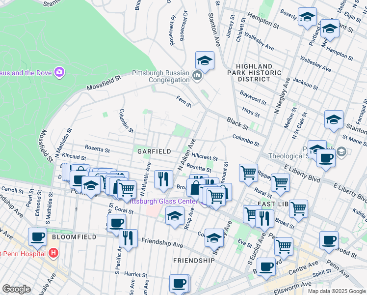 map of restaurants, bars, coffee shops, grocery stores, and more near 426 Wicklow Street in Pittsburgh
