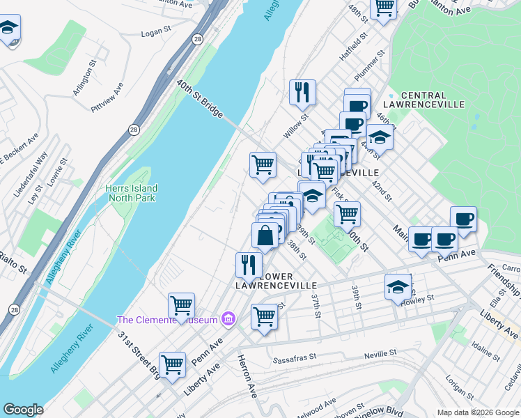 map of restaurants, bars, coffee shops, grocery stores, and more near 162 1/2 39th Street in Pittsburgh