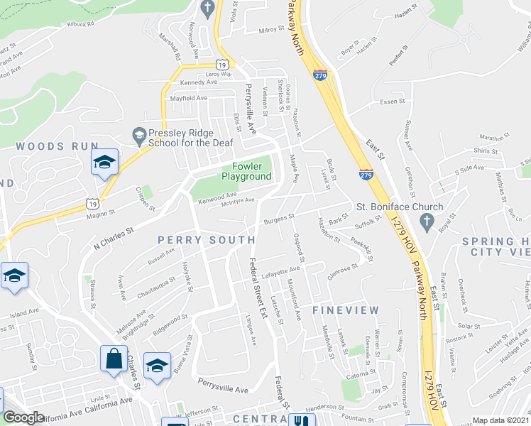 map of restaurants, bars, coffee shops, grocery stores, and more near 2435 Perrysville Avenue in Pittsburgh