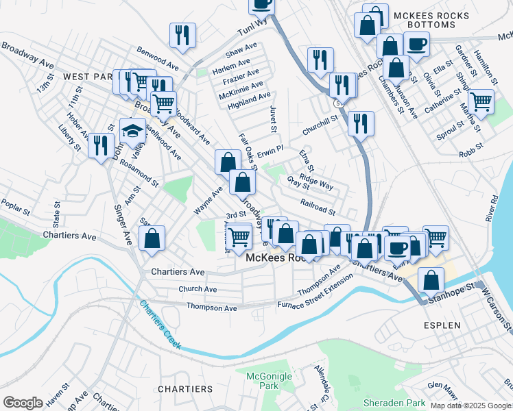map of restaurants, bars, coffee shops, grocery stores, and more near 325 Woodward Avenue in McKees Rocks