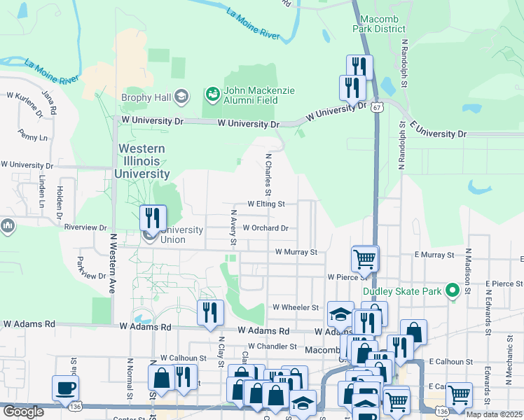 map of restaurants, bars, coffee shops, grocery stores, and more near in Macomb