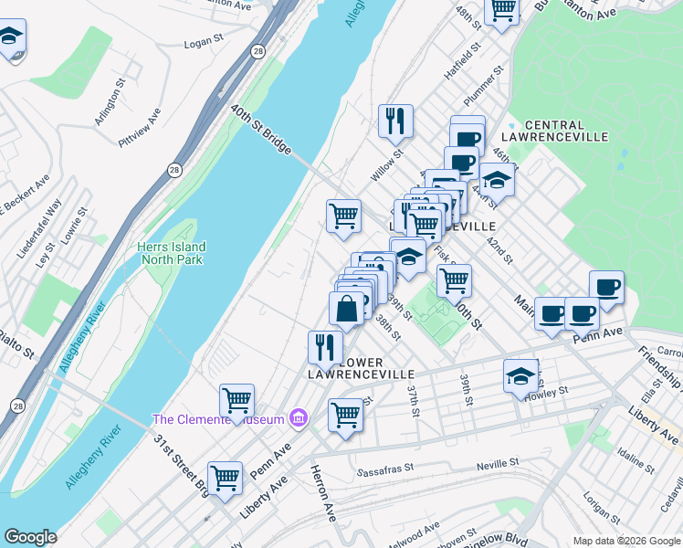 map of restaurants, bars, coffee shops, grocery stores, and more near 162 1/2 39th Street in Pittsburgh