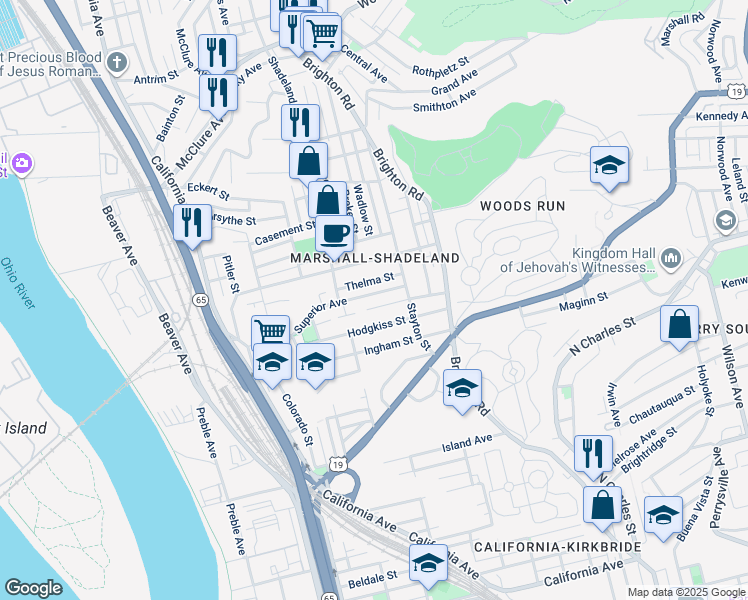 map of restaurants, bars, coffee shops, grocery stores, and more near 1239 Superior Avenue in Pittsburgh