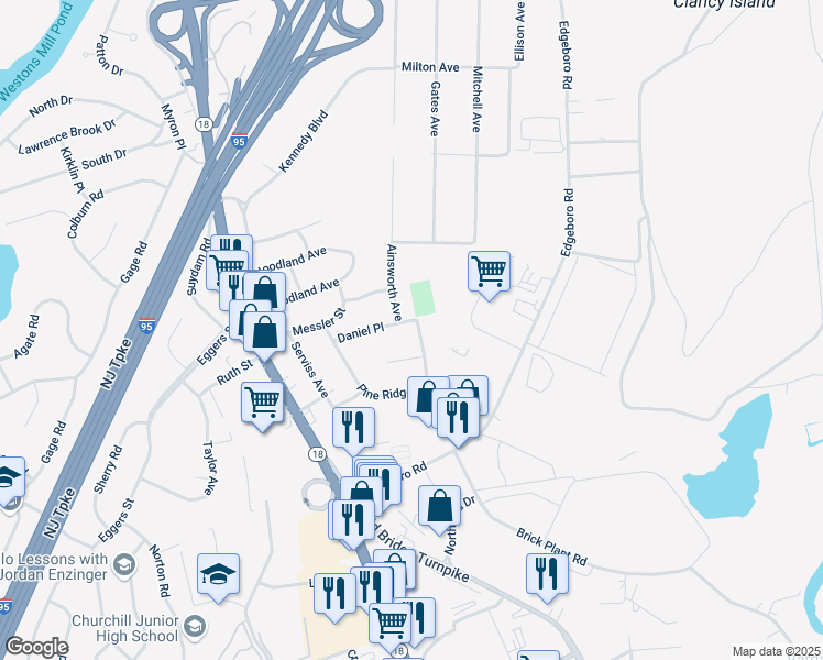 map of restaurants, bars, coffee shops, grocery stores, and more near 138 Ainsworth Avenue in East Brunswick