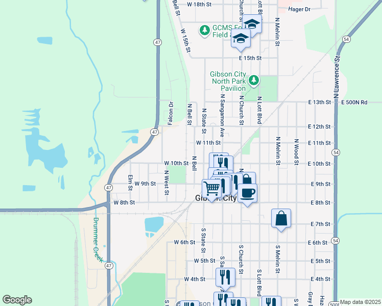 map of restaurants, bars, coffee shops, grocery stores, and more near 217 1/2 West 11th Street in Gibson City