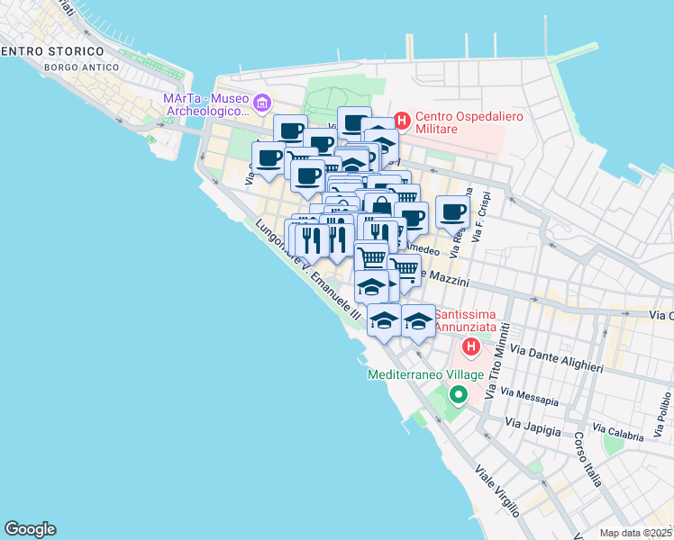 map of restaurants, bars, coffee shops, grocery stores, and more near 89 Via Angelo Berardi in Taranto