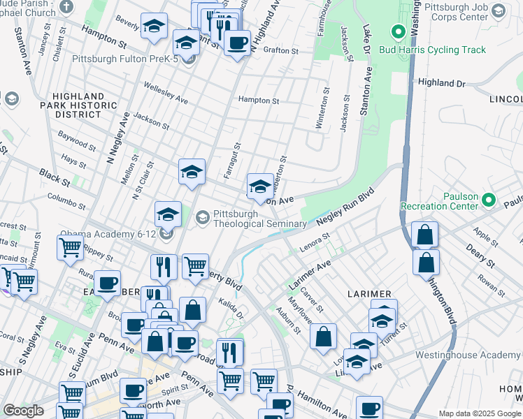 map of restaurants, bars, coffee shops, grocery stores, and more near 6200 Stanton Avenue in Pittsburgh