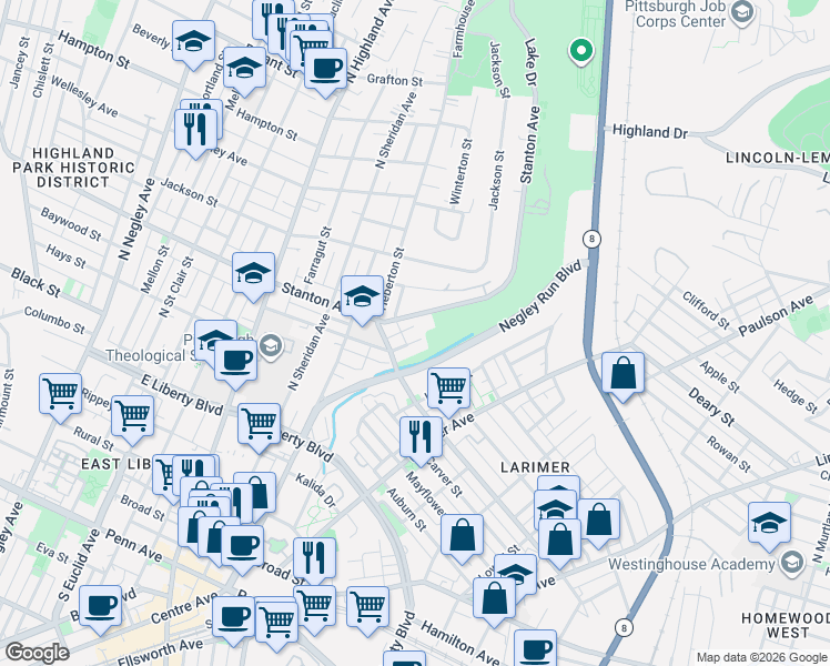 map of restaurants, bars, coffee shops, grocery stores, and more near 6336 Stanton Avenue in Pittsburgh