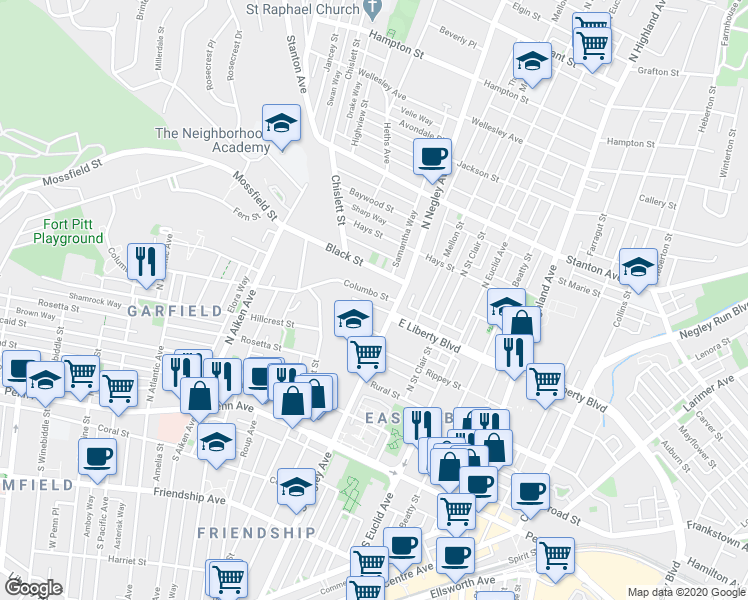 map of restaurants, bars, coffee shops, grocery stores, and more near 5547 Columbo Street in Pittsburgh