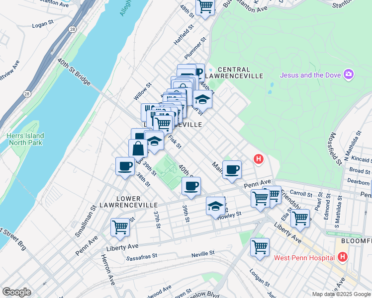map of restaurants, bars, coffee shops, grocery stores, and more near 231 Fisk Street in Pittsburgh