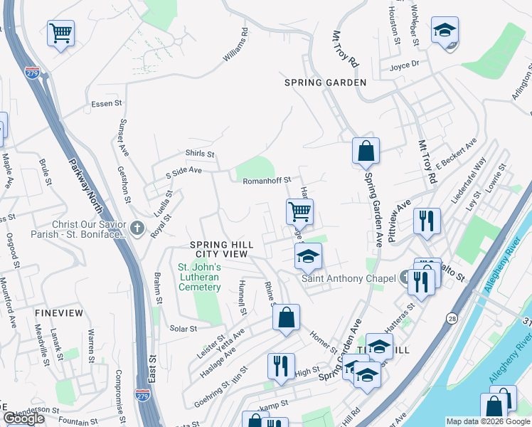 map of restaurants, bars, coffee shops, grocery stores, and more near 8 Beckfield Street in Pittsburgh