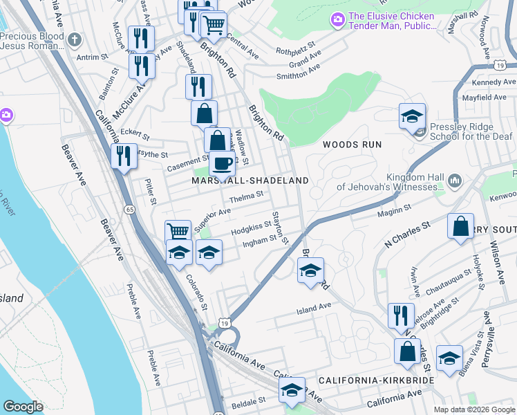 map of restaurants, bars, coffee shops, grocery stores, and more near 1224 Superior Avenue in Pittsburgh