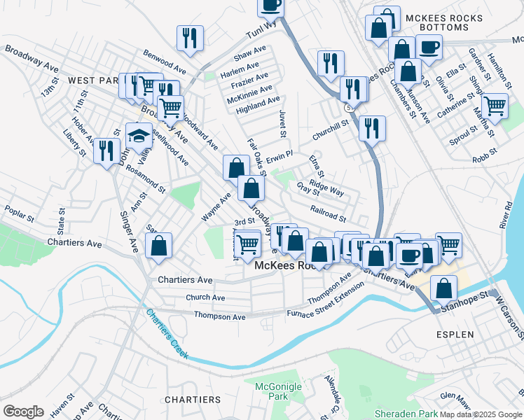 map of restaurants, bars, coffee shops, grocery stores, and more near 325 Woodward Avenue in McKees Rocks