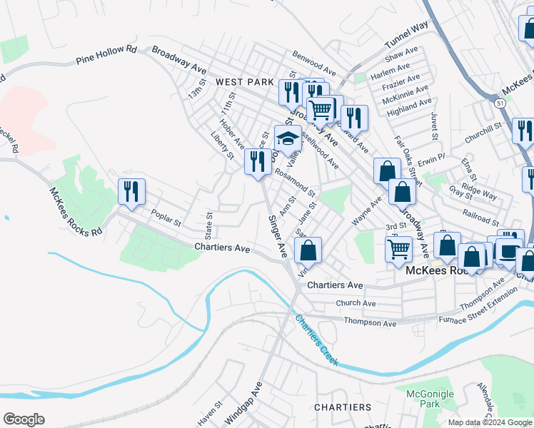 map of restaurants, bars, coffee shops, grocery stores, and more near 240 Singer Avenue in McKees Rocks
