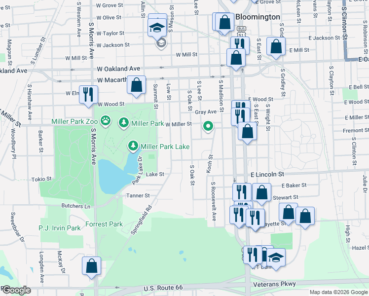 map of restaurants, bars, coffee shops, grocery stores, and more near 1203 South Oak Street in Bloomington