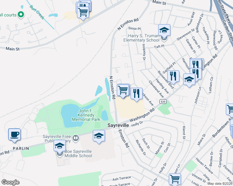 map of restaurants, bars, coffee shops, grocery stores, and more near 3 Farnham Square in Sayreville