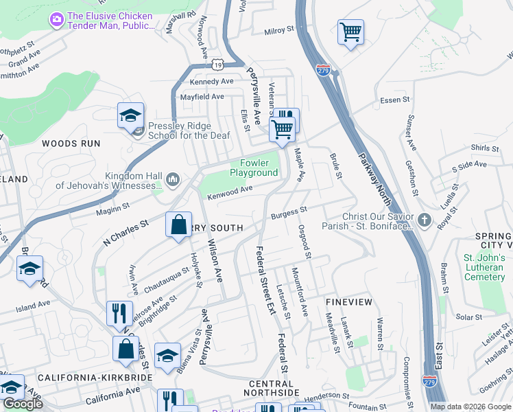 map of restaurants, bars, coffee shops, grocery stores, and more near 2435 Perrysville Avenue in Pittsburgh