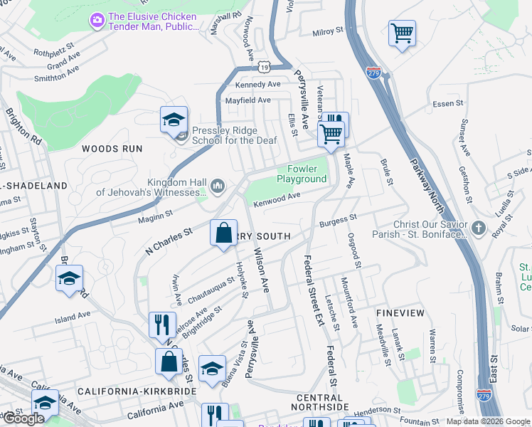 map of restaurants, bars, coffee shops, grocery stores, and more near 2443 McIntyre Place in Pittsburgh