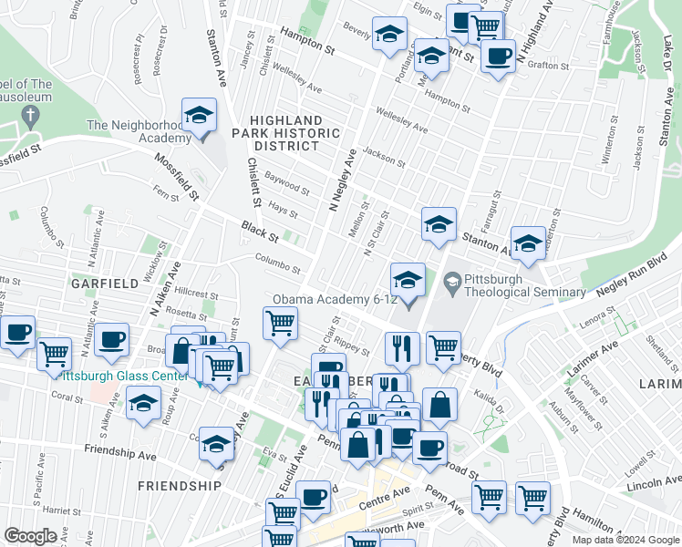 map of restaurants, bars, coffee shops, grocery stores, and more near 530 Mellon Street in Pittsburgh