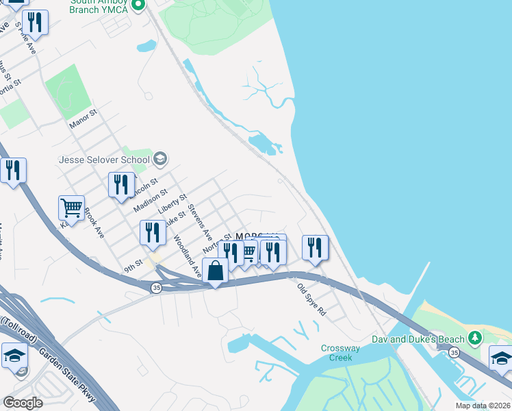 map of restaurants, bars, coffee shops, grocery stores, and more near 66 Morris Court in South Amboy