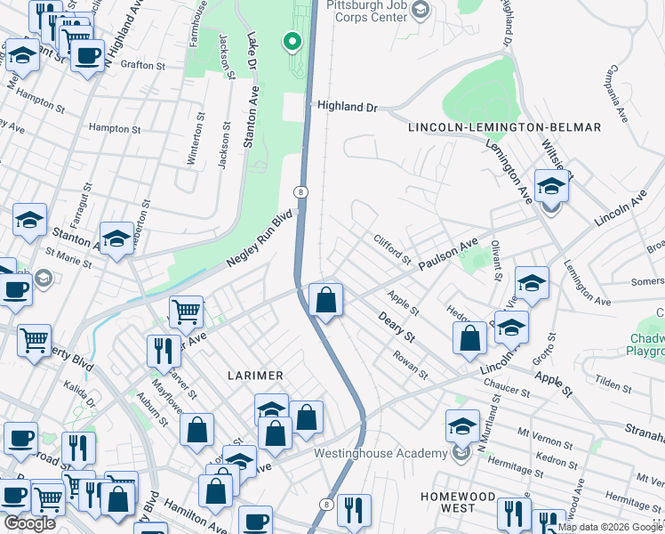 map of restaurants, bars, coffee shops, grocery stores, and more near in Pittsburgh