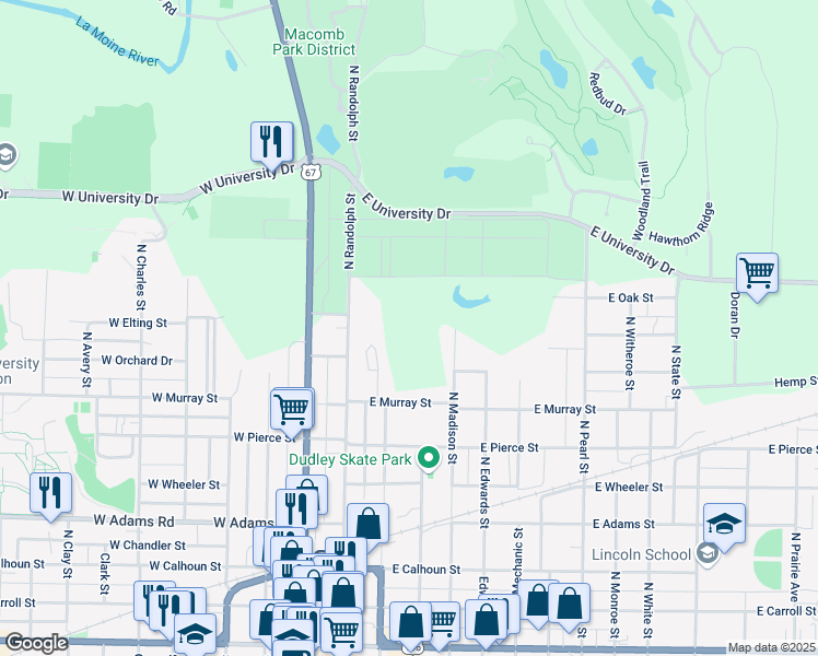 map of restaurants, bars, coffee shops, grocery stores, and more near 707 North Campbell Street in Macomb