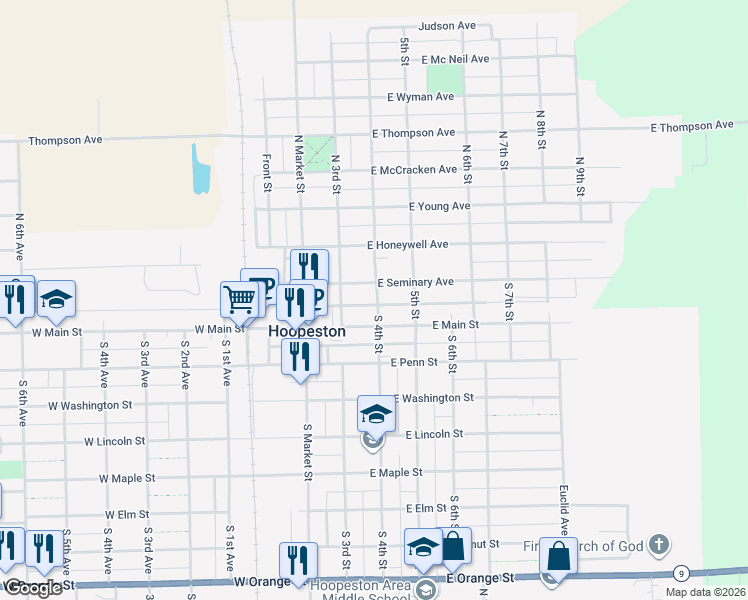 map of restaurants, bars, coffee shops, grocery stores, and more near 401-499 East Seminary Avenue in Hoopeston