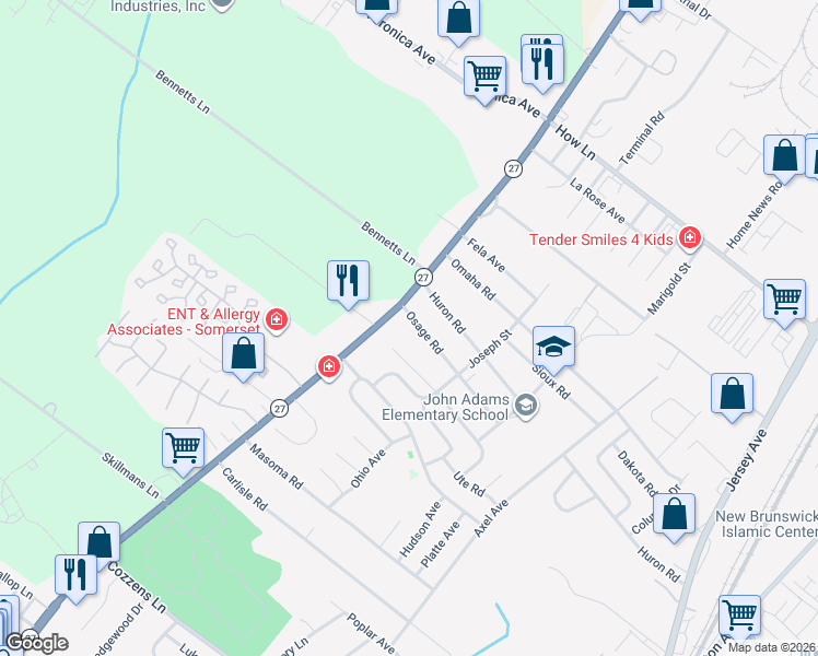 map of restaurants, bars, coffee shops, grocery stores, and more near 1477 Osage Road in North Brunswick Township