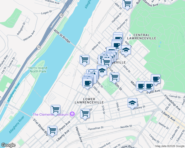 map of restaurants, bars, coffee shops, grocery stores, and more near 3922 Foster Street in Pittsburgh