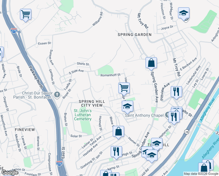 map of restaurants, bars, coffee shops, grocery stores, and more near 8 Beckfield Street in Pittsburgh