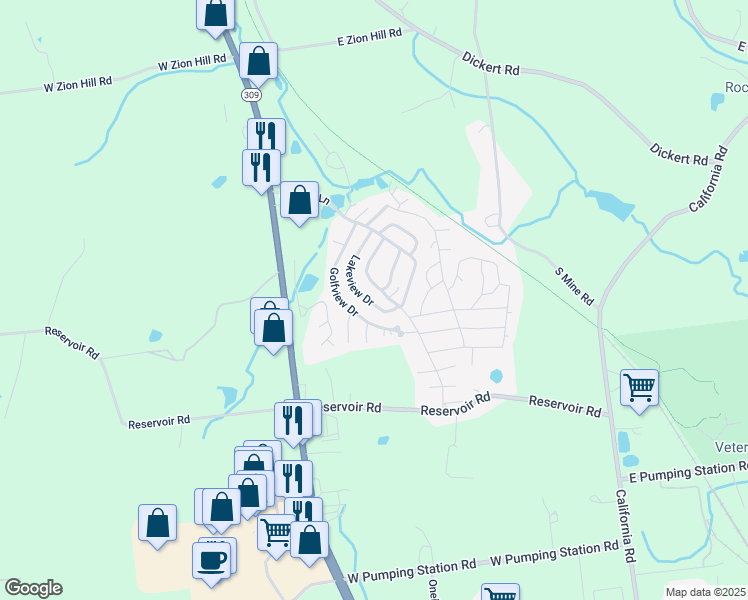 map of restaurants, bars, coffee shops, grocery stores, and more near 17 Lakeview Drive in Quakertown