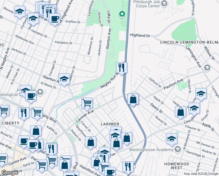 map of restaurants, bars, coffee shops, grocery stores, and more near 669 Lenora Street in Pittsburgh