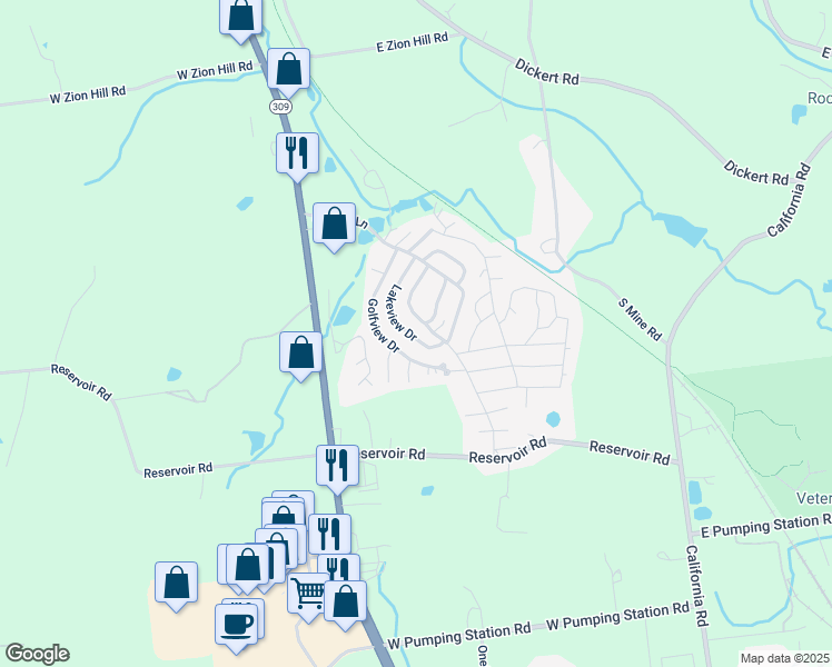 map of restaurants, bars, coffee shops, grocery stores, and more near 17 Lakeview Drive in Quakertown