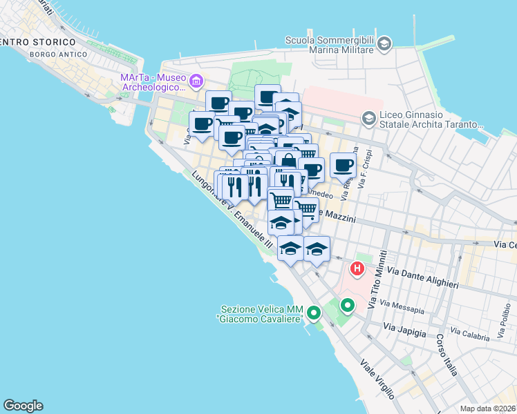 map of restaurants, bars, coffee shops, grocery stores, and more near 89 Via Angelo Berardi in Taranto