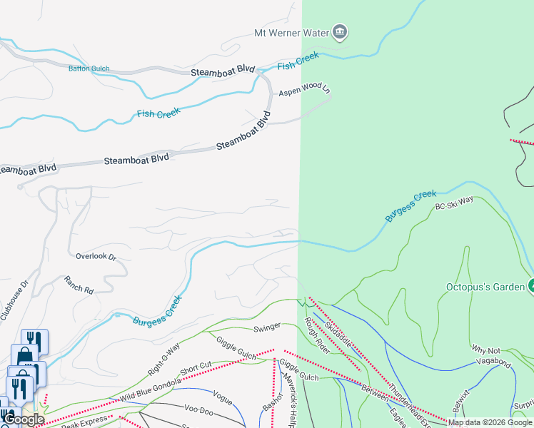 map of restaurants, bars, coffee shops, grocery stores, and more near 2915 Ridge Road in Steamboat Springs