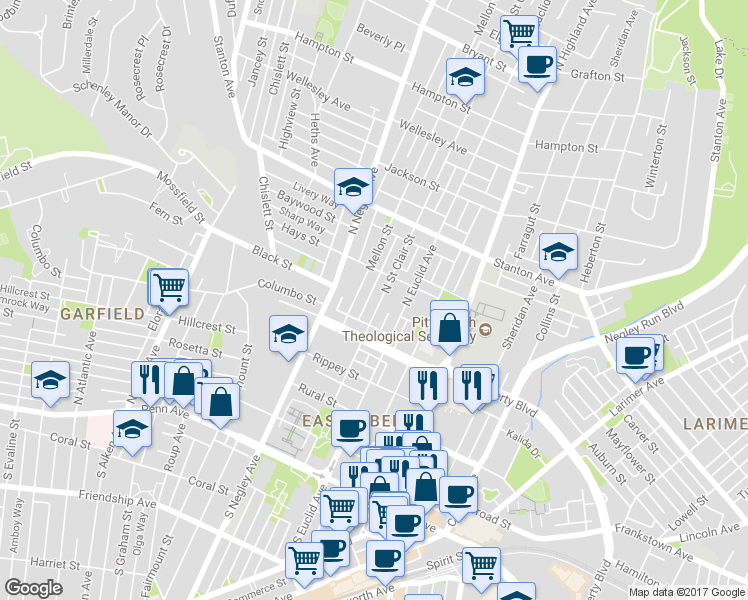 map of restaurants, bars, coffee shops, grocery stores, and more near 604 Mellon Street in Pittsburgh
