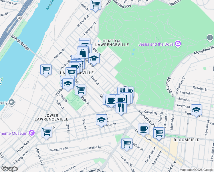 map of restaurants, bars, coffee shops, grocery stores, and more near 4245 Dunkeld Way in Pittsburgh