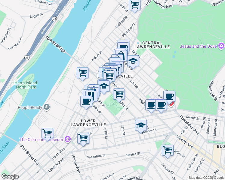 map of restaurants, bars, coffee shops, grocery stores, and more near in Pittsburgh
