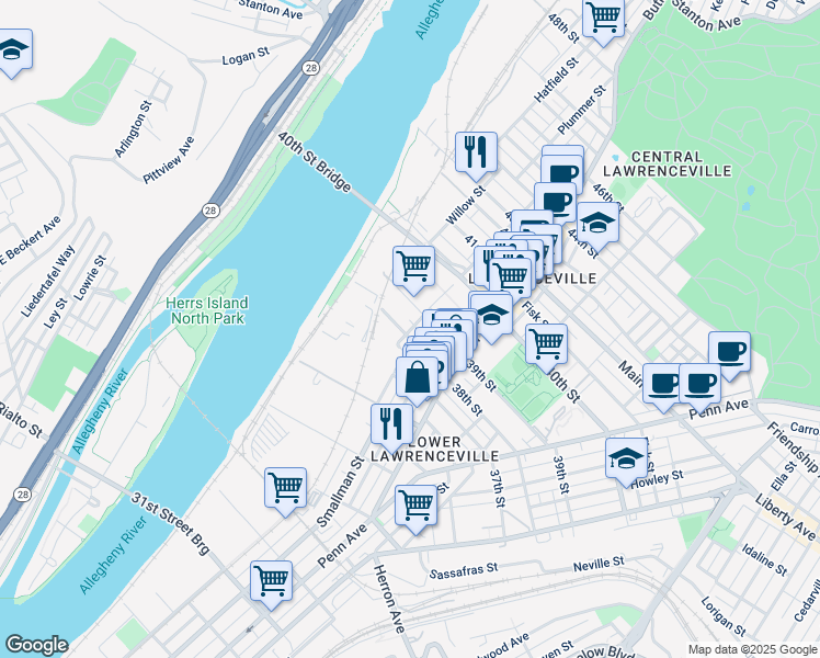 map of restaurants, bars, coffee shops, grocery stores, and more near 162 1/2 39th Street in Pittsburgh