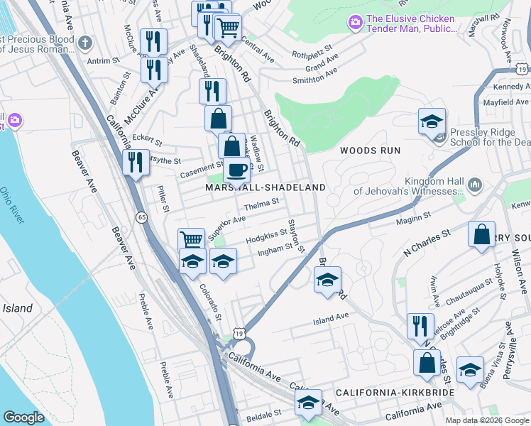 map of restaurants, bars, coffee shops, grocery stores, and more near 1224 Superior Avenue in Pittsburgh