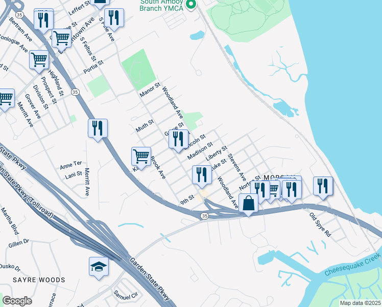 map of restaurants, bars, coffee shops, grocery stores, and more near 192 Madison Street in South Amboy