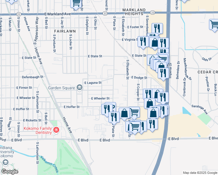 map of restaurants, bars, coffee shops, grocery stores, and more near 1222 East Firmin Street in Kokomo