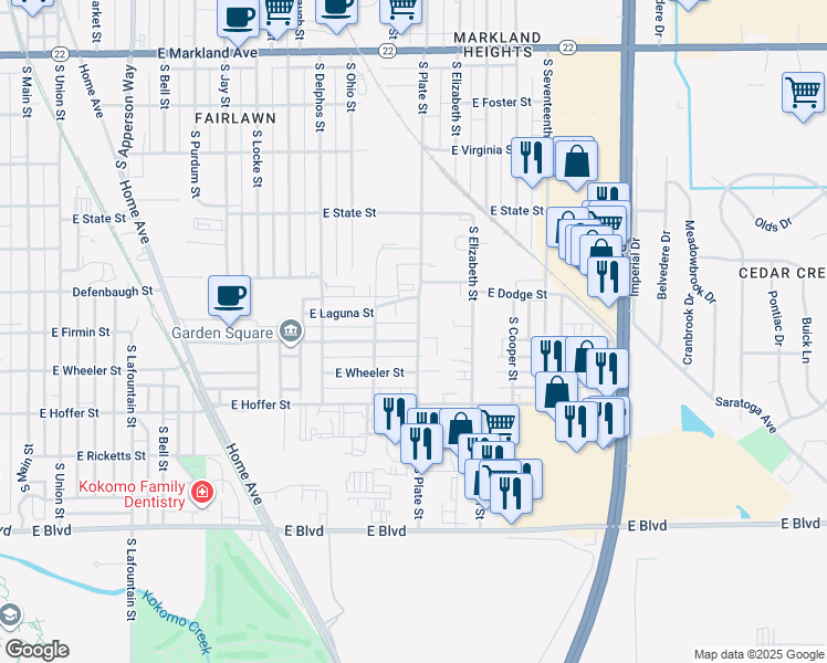 map of restaurants, bars, coffee shops, grocery stores, and more near 1222 E Firmin St in Kokomo