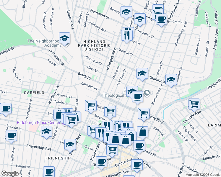 map of restaurants, bars, coffee shops, grocery stores, and more near 532 Mellon Street in Pittsburgh