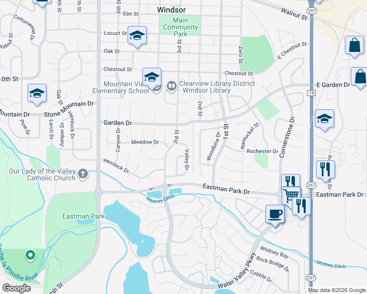 map of restaurants, bars, coffee shops, grocery stores, and more near 1012 Valley Drive in Windsor